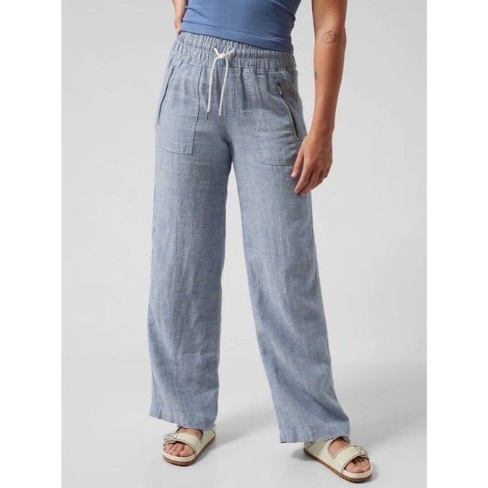 ATHLETA Chambray Blue Cabo Linen Wide Leg Pants Relaxed Travel Sporty Women's 4